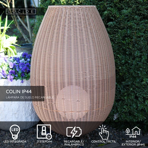 Lucide COLIN IP44 - Lámpara de suelo Recargable Dentro/Fuera - Batería/acumulador - LED 3 StepDim - 1x3W 3000K - IP44 - Natural - USP